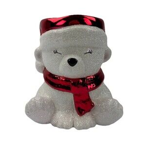 Bath & Body Works Polar Bear 3 Wick Candle Holder Christmas Glitter Red Hat